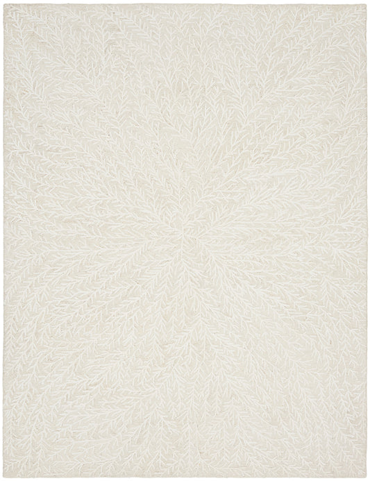 Cream ivory area rug with a raised, branching leaf pattern radiating from the center; soft, textured, contemporary decor.