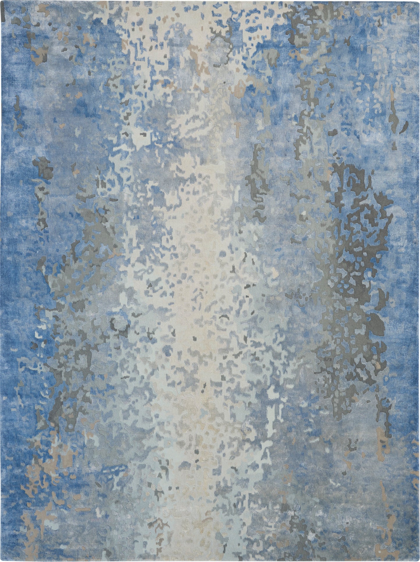 Abstract blue and beige area rug with a light center wash and irregular mottled pattern, modern coastal style.