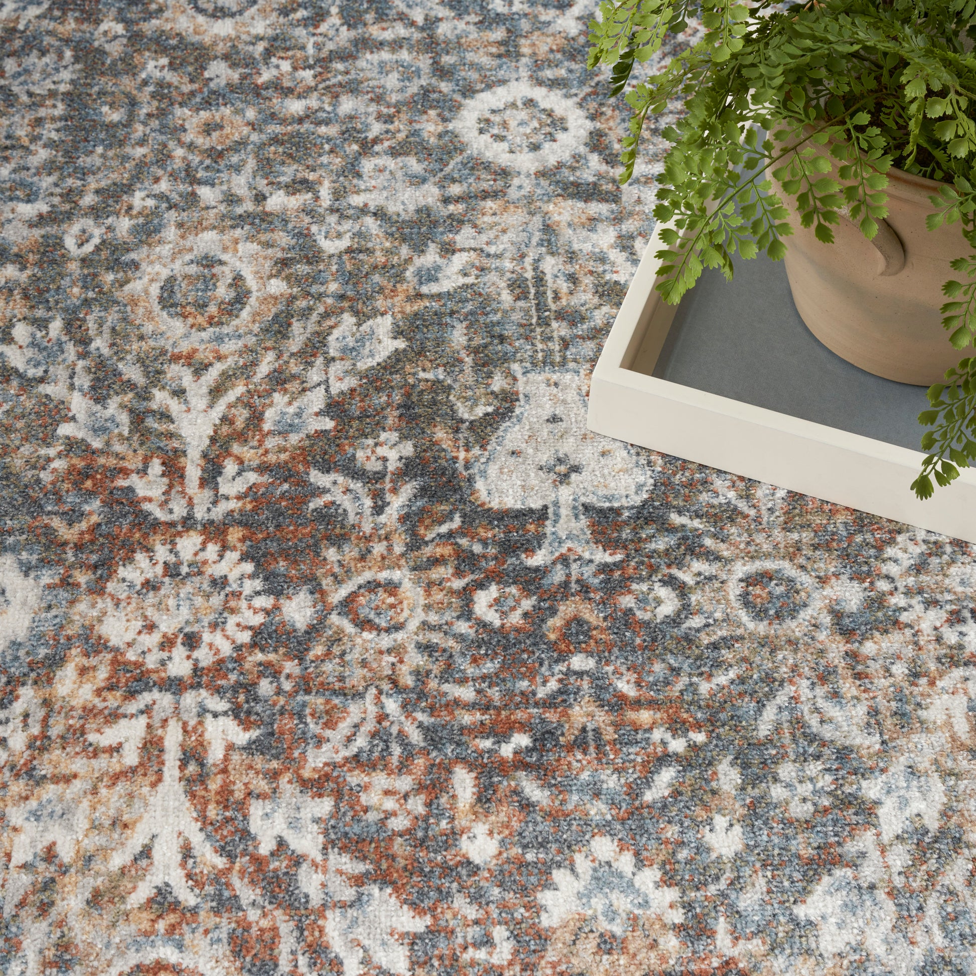 Ornate area rug in blue-gray, rust, and ivory with floral motif; potted fern on a light tray top-right.