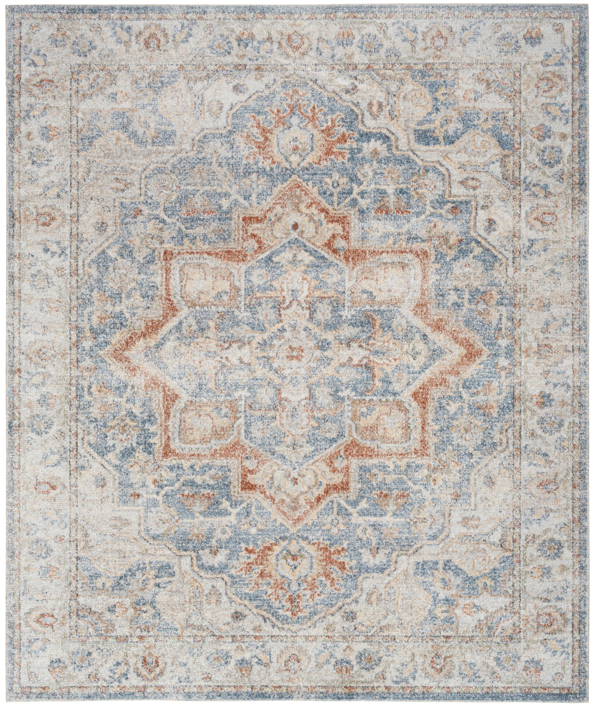 Distressed blue-beige oriental area rug with central geometric medallion, rust accents, vintage Persian-inspired pattern.