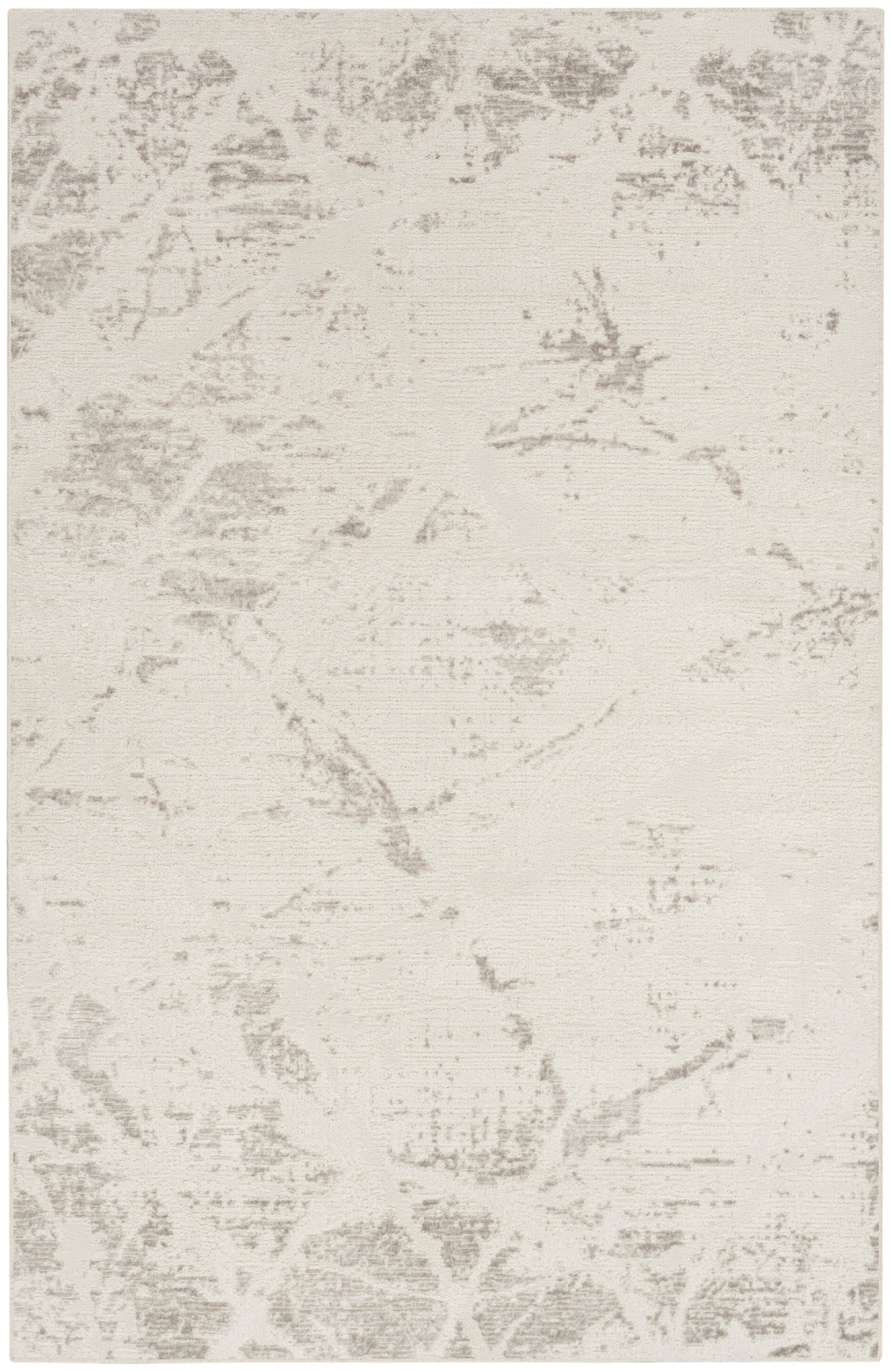 Cream-beige rectangular area rug with a subtle gray distressed damask pattern; soft, low-pile look.
