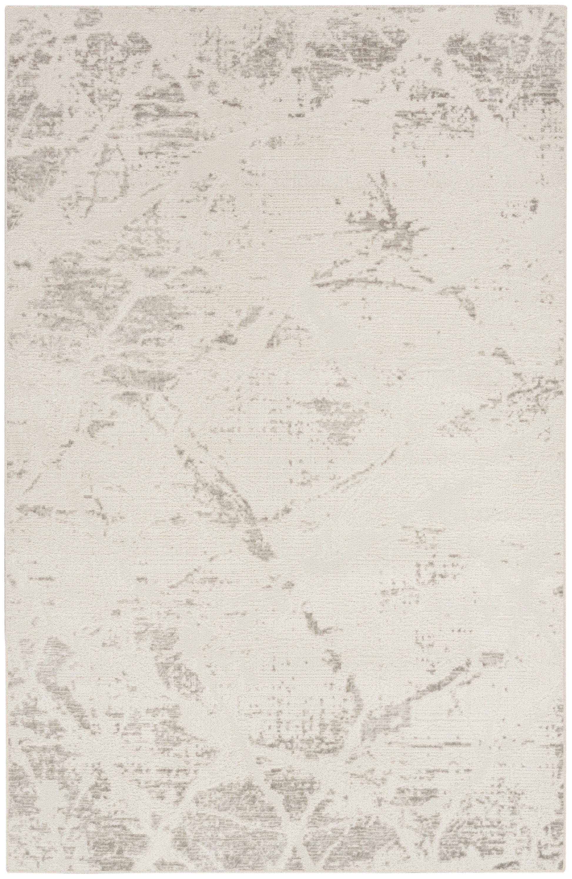 Cream-beige rectangular area rug with a subtle gray distressed damask pattern; soft, low-pile look.