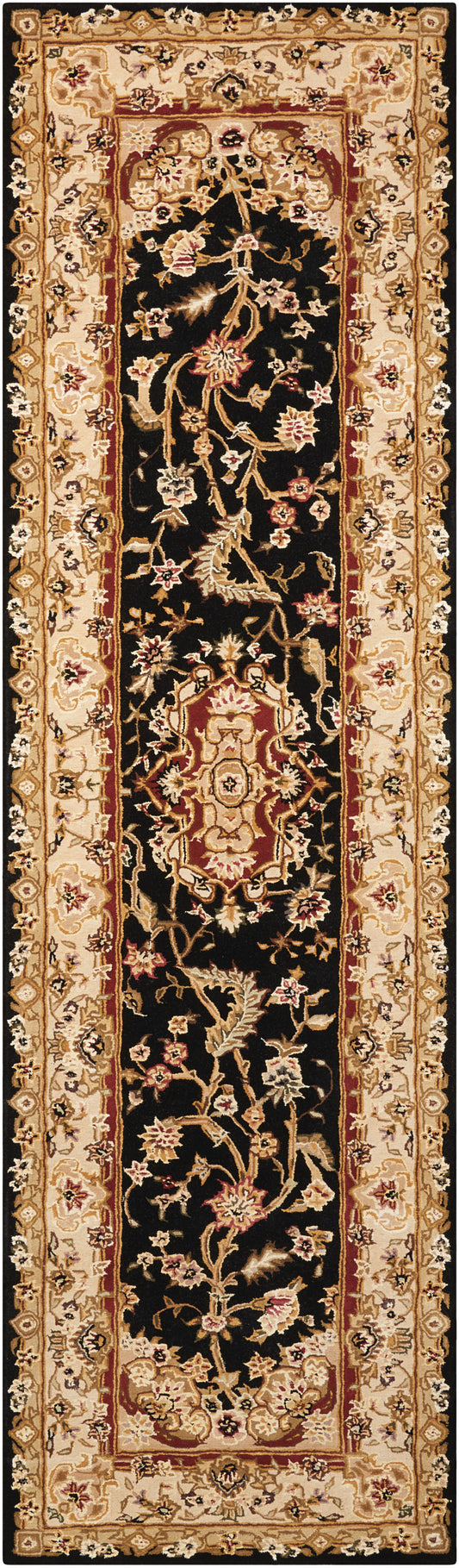 Narrow oriental runner rug with black field, gold-beige floral vines and red central medallion accents; Persian-style hallway decor.