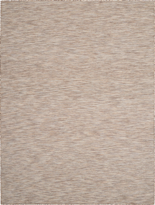 Beige flat-weave rug with subtle horizontal stripes, textured weave, and a neutral border.