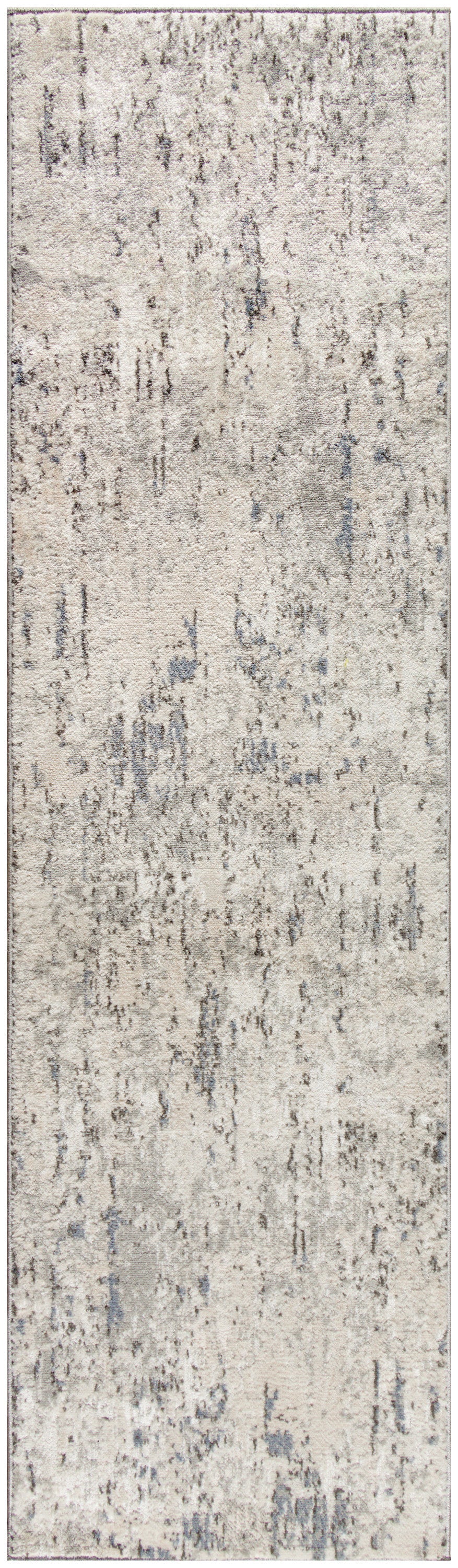 Rectangular distressed abstract-pattern rug runner in beige, ivory & gray with subtle blue undertones.