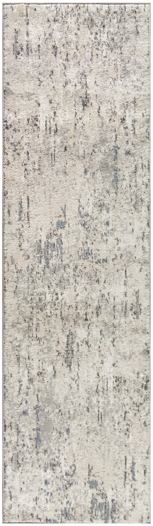 Rectangular distressed abstract-pattern rug runner in beige, ivory & gray with subtle blue undertones.