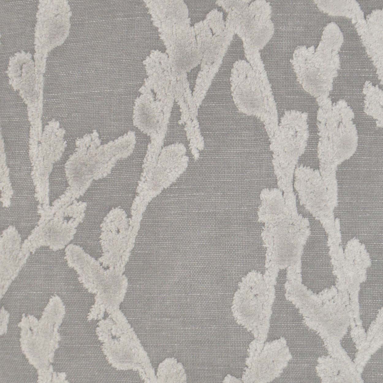 Gray linen-textured pillow with a white botanical branch pattern in jacquard weave; 24 x 24 inch.