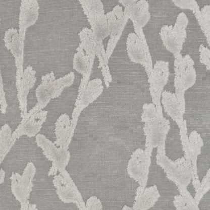 Gray linen-textured pillow with a white botanical branch pattern in jacquard weave; 24 x 24 inch.
