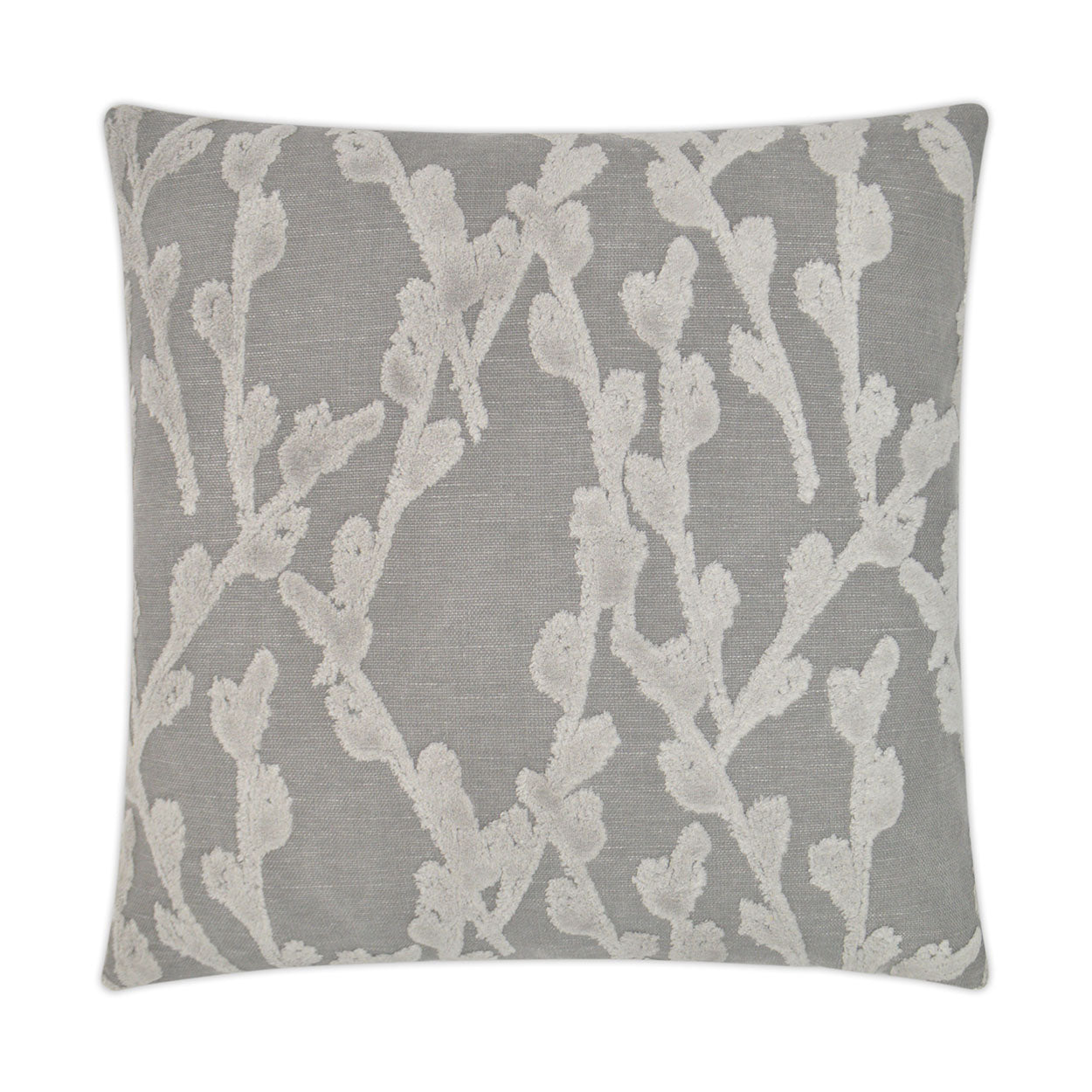 Gray square throw pillow with white botanical vine pattern on linen-like fabric, decorative sofa cushion.
