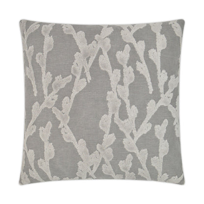 Gray square throw pillow with white botanical vine pattern on linen-like fabric, decorative sofa cushion.