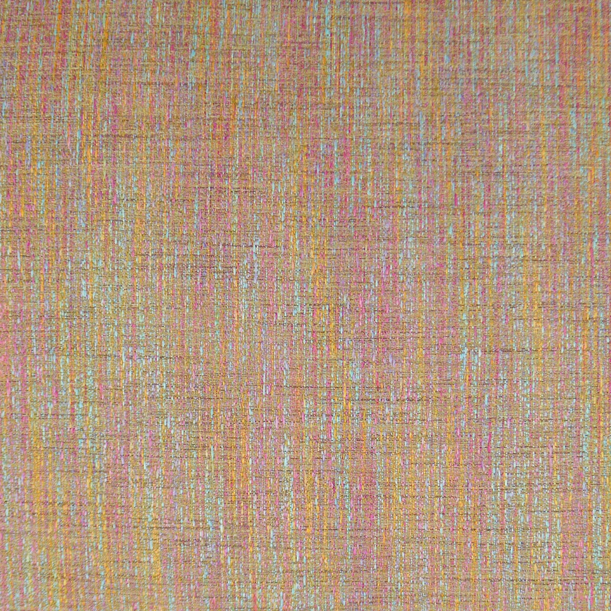 Beige woven fabric with pastel multicolor threads (pink, yellow, blue) and a textured surface.