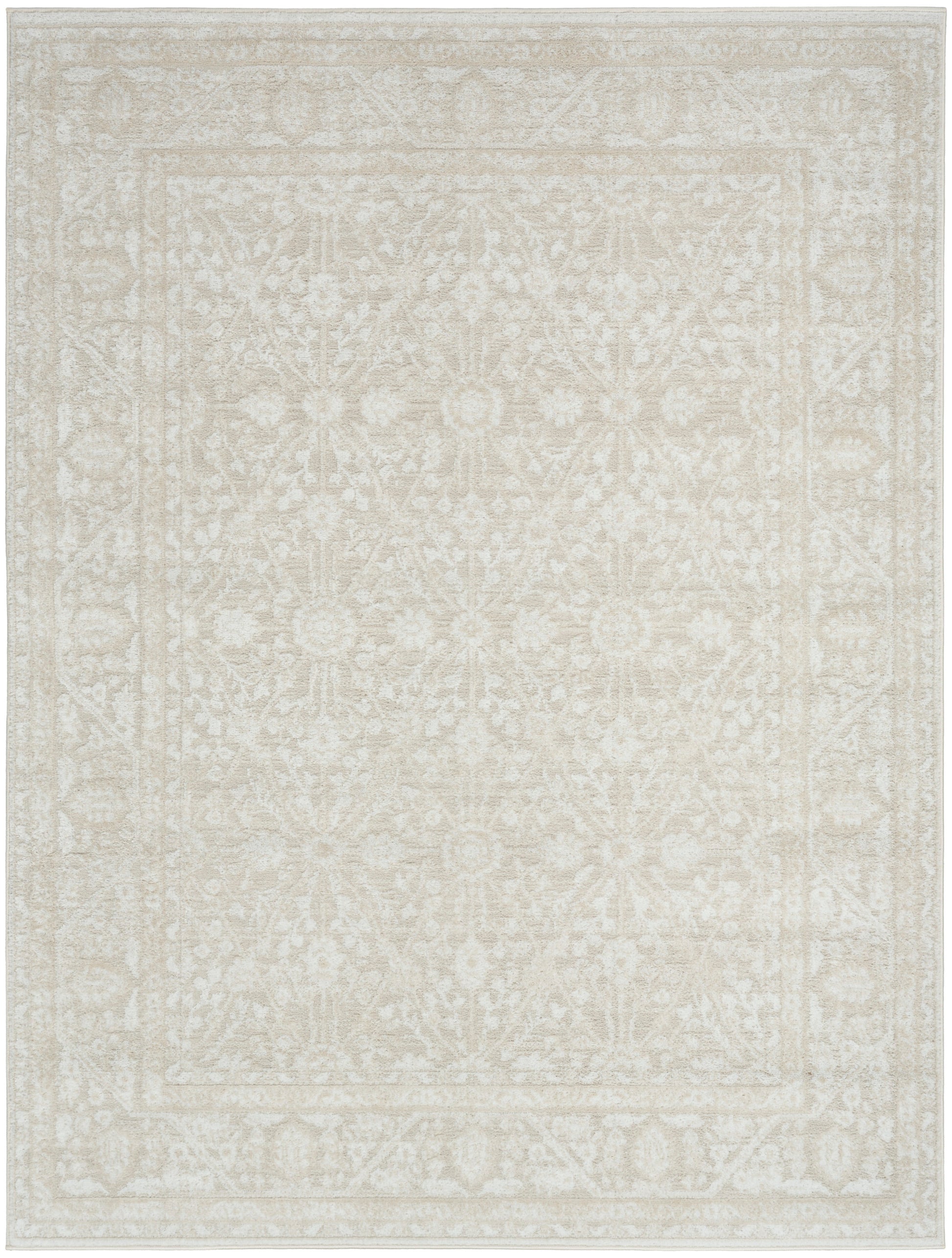 Cream-beige area rug with subtle floral/medallion pattern and decorative border, rectangular.