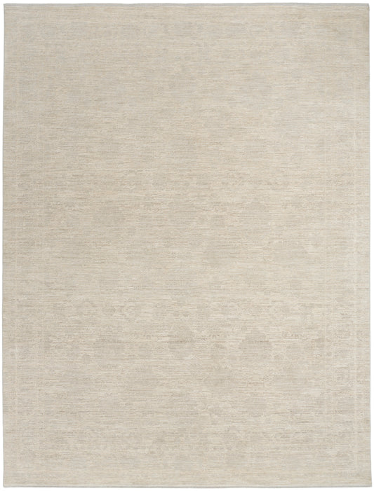 Neutral beige area rug (10' x 13') with a subtle faded traditional pattern; rectangular, versatile.