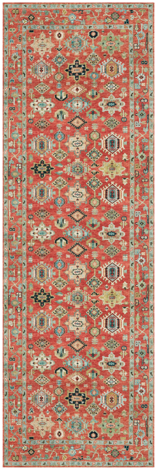 Long coral-red kilim-style runner rug with cream, teal, and black geometric motifs and a teal border