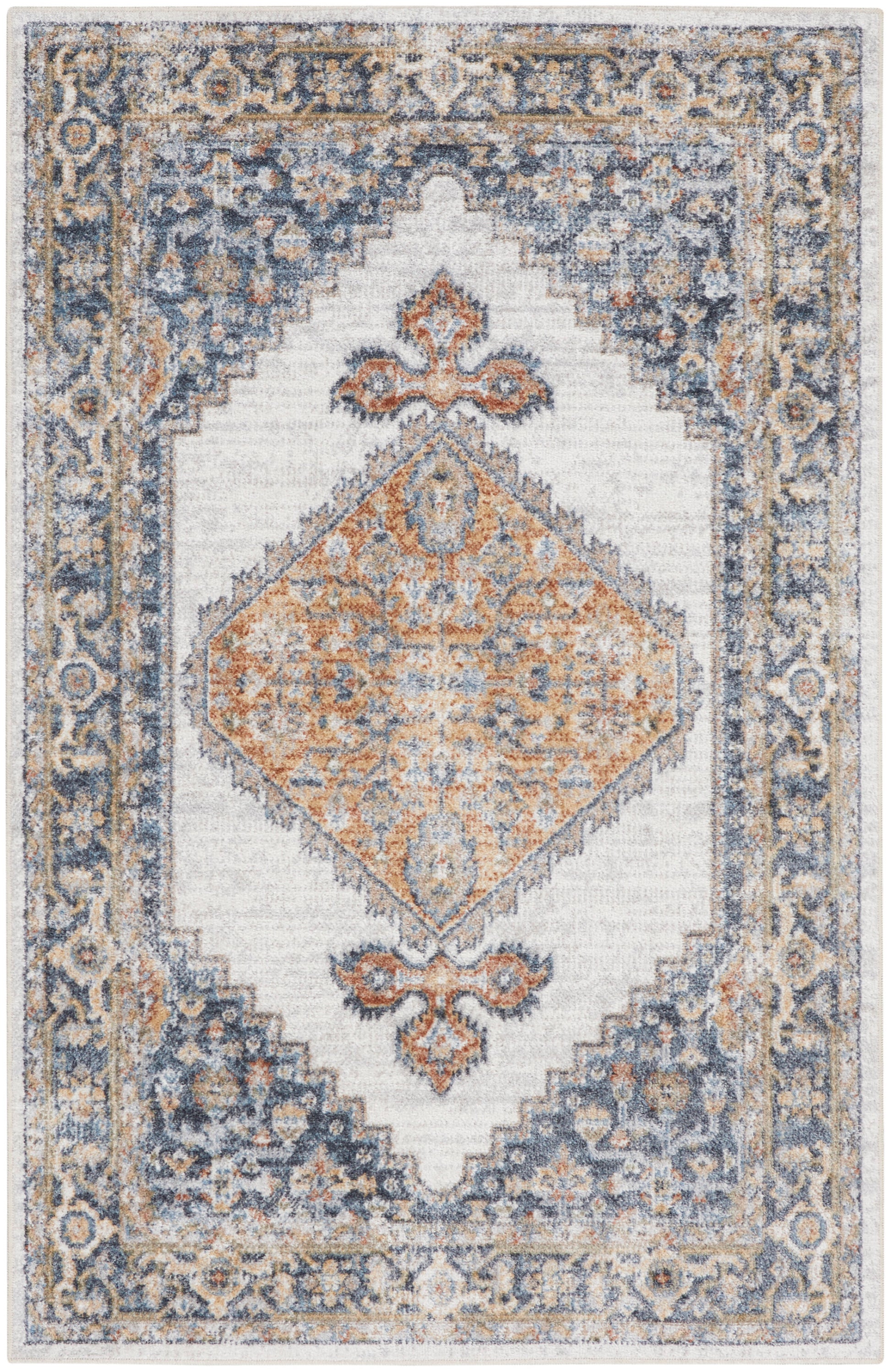 Rectangular oriental area rug with cream field, blue and gray border, and an orange central diamond medallion; vintage distressed motif.
