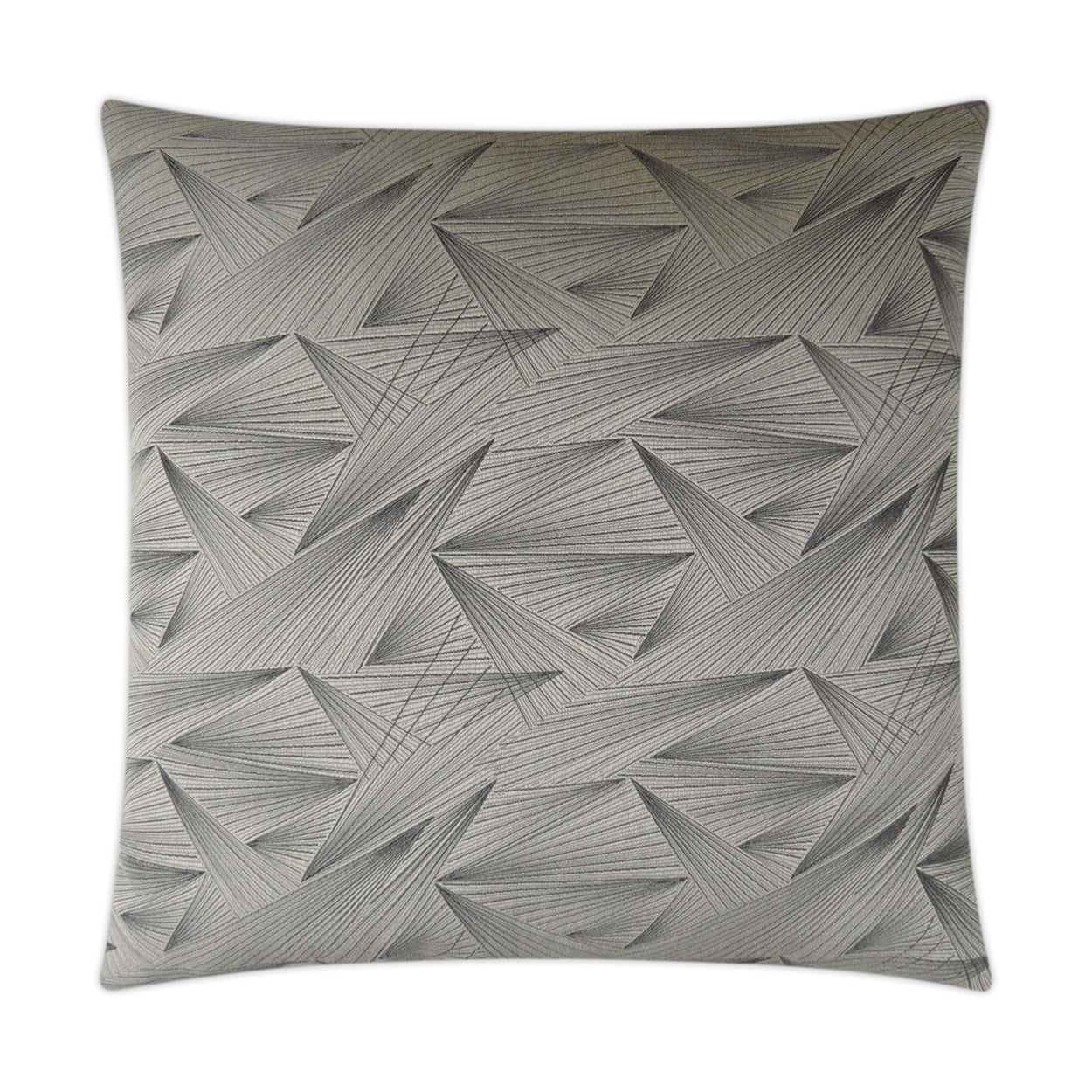 Grey square throw pillow with abstract geometric triangular pattern in textured lines; modern home decor.