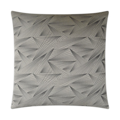 Grey square throw pillow with abstract geometric triangular pattern in textured lines; modern home decor.