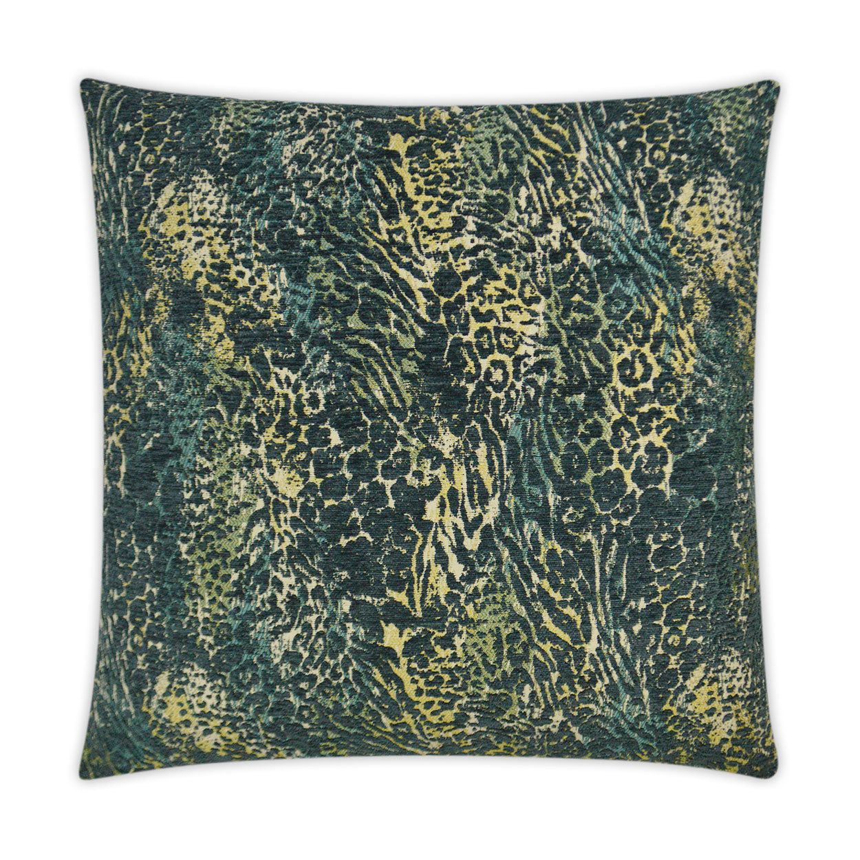 Square decorative pillow with an abstract animal print in dark green, teal, and yellow; plush fabric, jungle-inspired.
