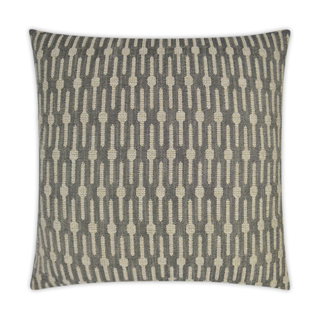 Decorative throw pillow featuring a beige chain-link pattern on dark gray woven fabric.