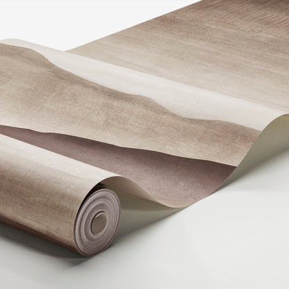 Rolled wallpaper with beige wood-grain pattern in soft taupe and cream tones.