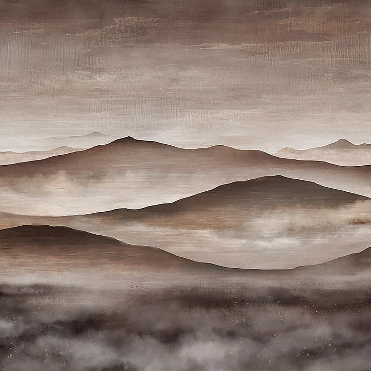 Earth-toned twilight landscape mural of misty, layered mountains in browns and beige; tranquil wall mural.
