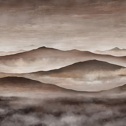 Earth-toned twilight landscape mural of misty, layered mountains in browns and beige; tranquil wall mural.