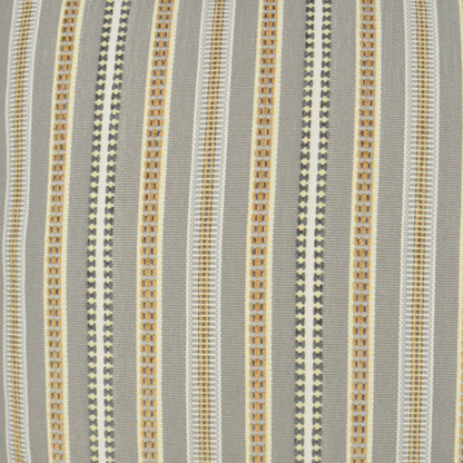 Gray woven fabric with vertical cream, gold and charcoal stripes; geometric dotted lines; upholstery textile.