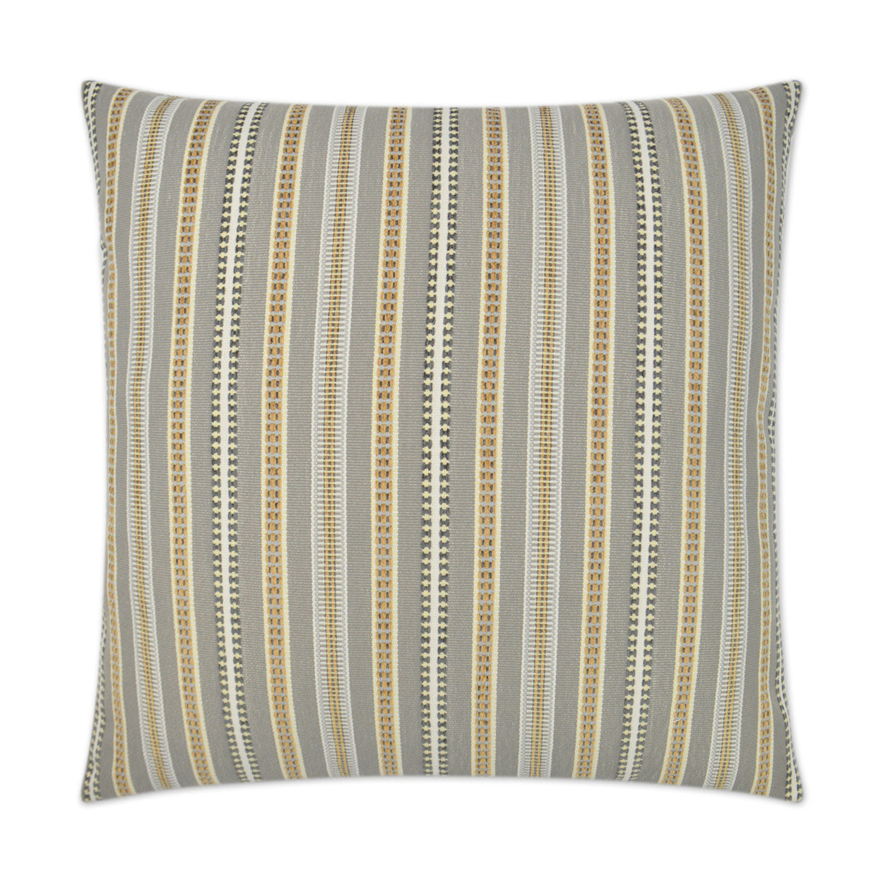 Rectangular woven throw pillow with cobblestone stripe pattern in gray, gold, beige and black, 24" x 24