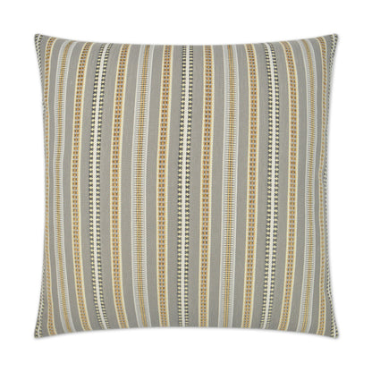 Rectangular woven throw pillow with cobblestone stripe pattern in gray, gold, beige and black, 24" x 24