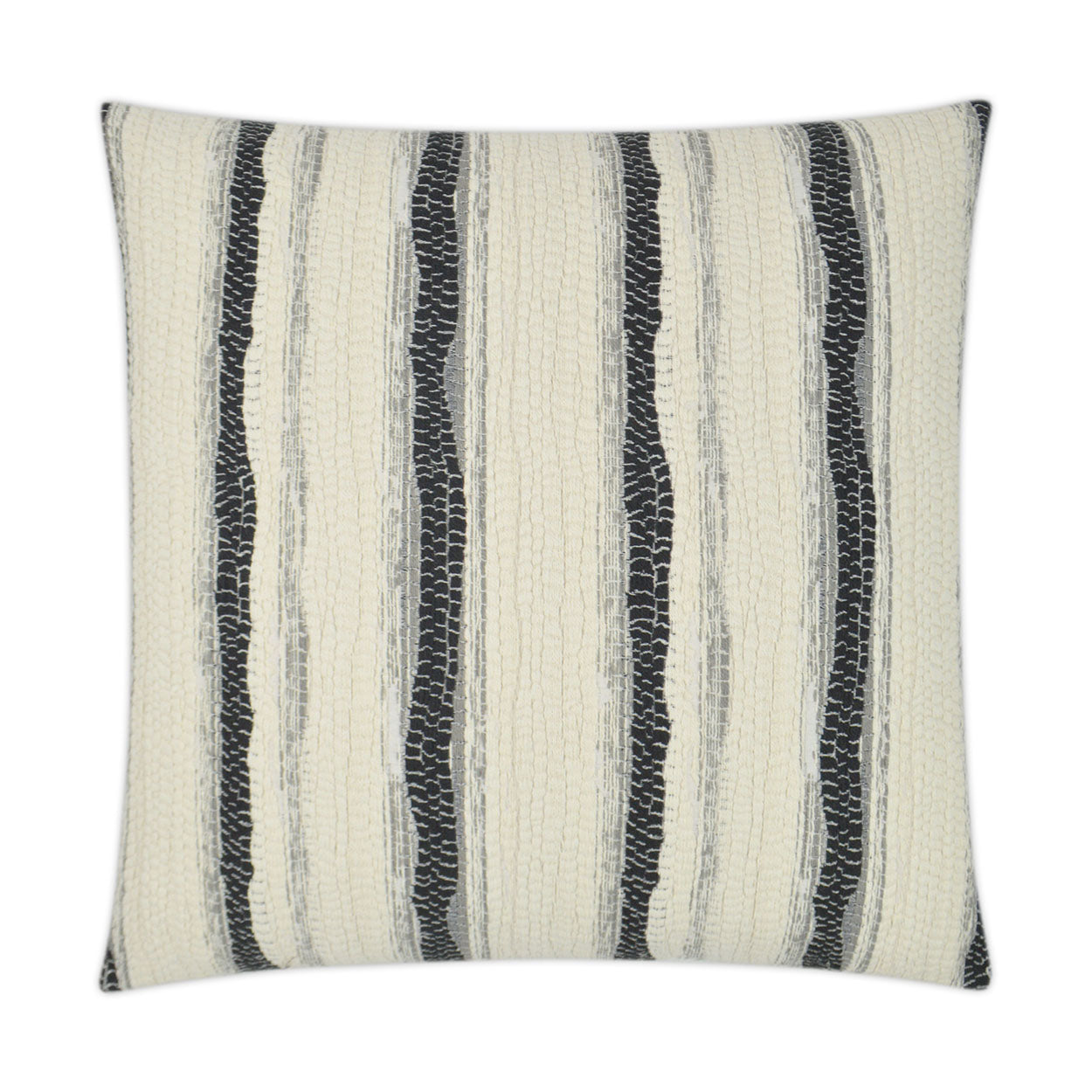 Beige square knit throw pillow with irregular dark navy vertical stripes and textured ribbed pattern