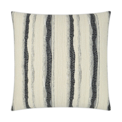 Beige square knit throw pillow with irregular dark navy vertical stripes and textured ribbed pattern