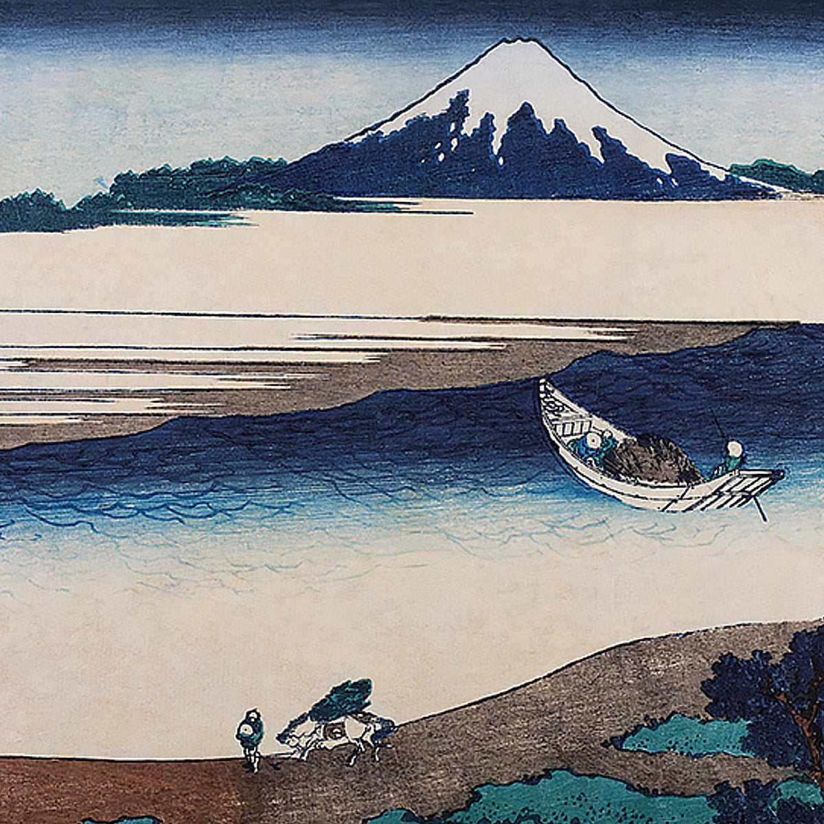 Japanese woodblock print-style coastal mural wallpaper depicting a blue sea, snow-capped mountain, small boat, and figures on shore.