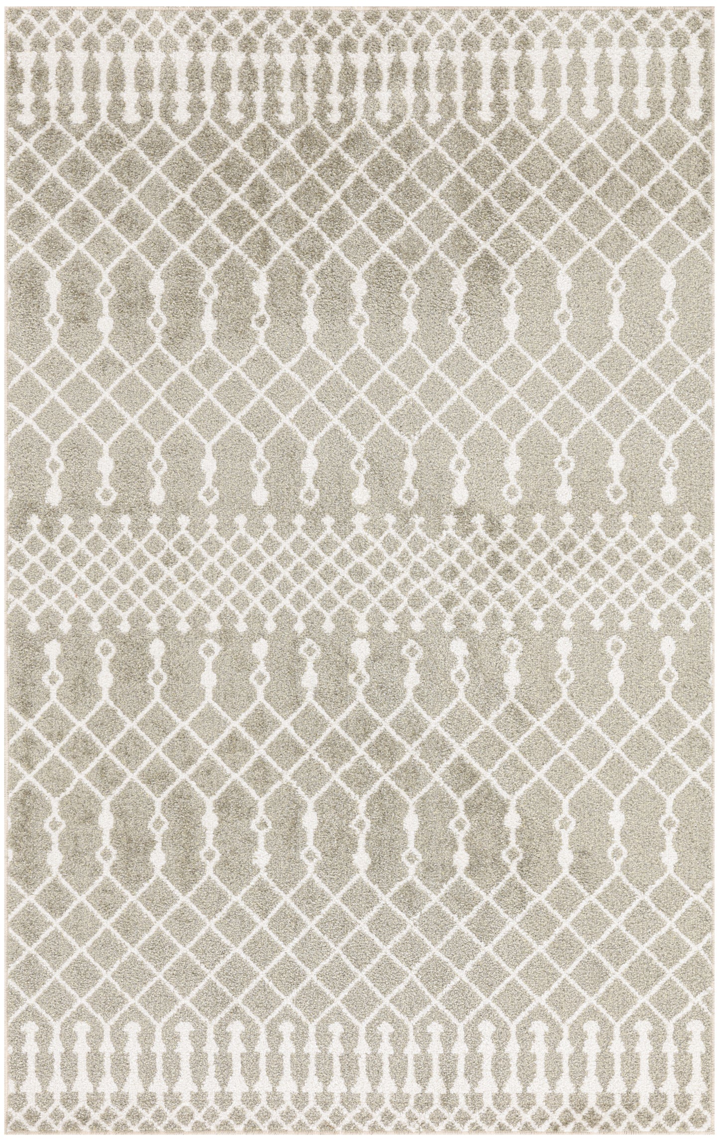 Neutral beige rug with white geometric lattice and diamond motif; modern boho style.