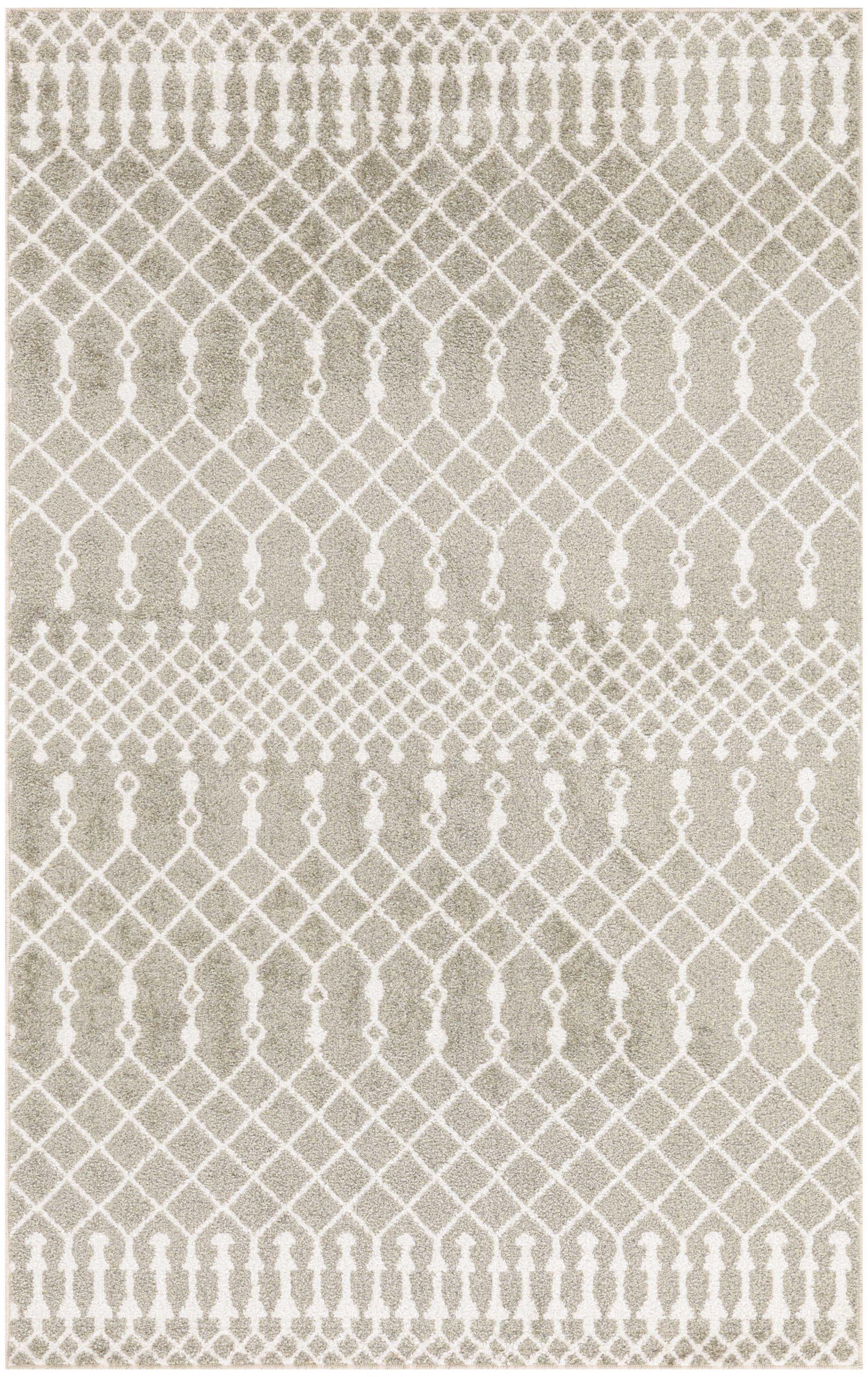 Neutral beige rug with white geometric lattice and diamond motif; modern boho style.