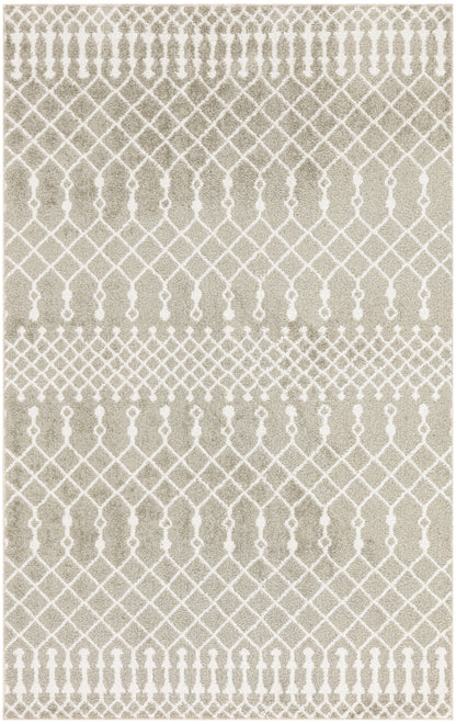Neutral beige rug with white geometric lattice and diamond motif; modern boho style.