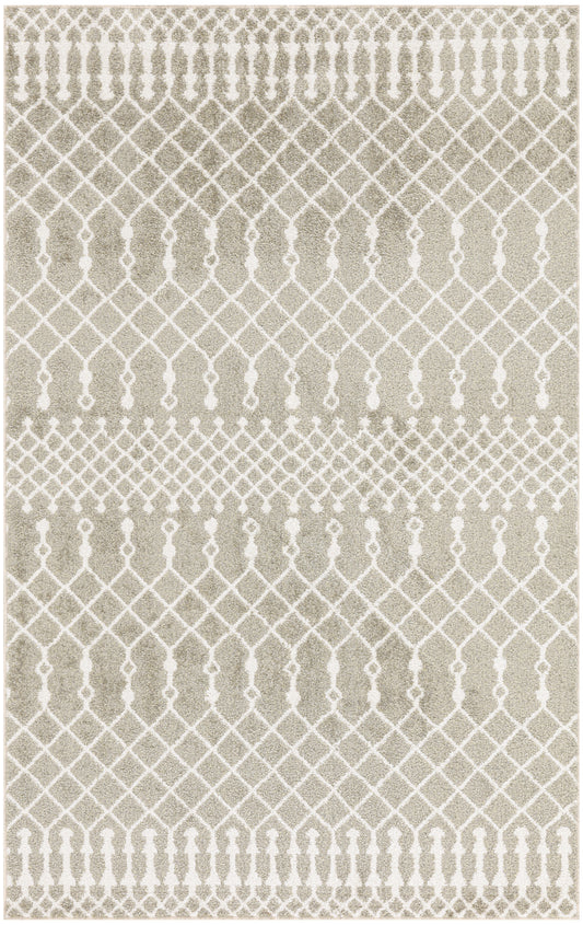 Neutral beige rug with white geometric lattice and diamond motif; modern boho style.