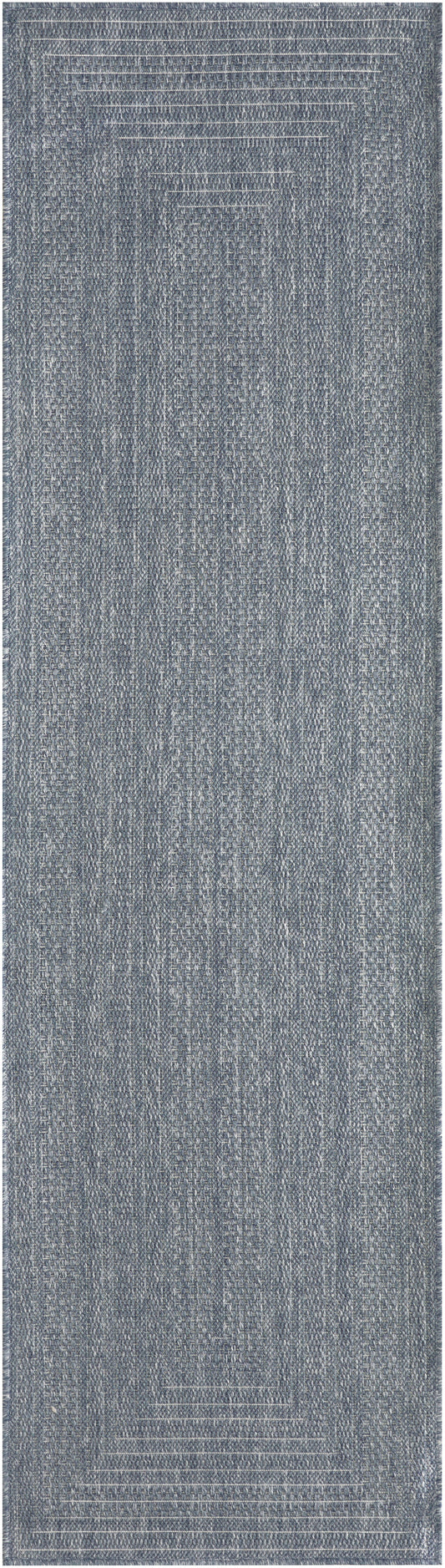Blue-gray textured runner rug with concentric rectangular borders and woven pattern.