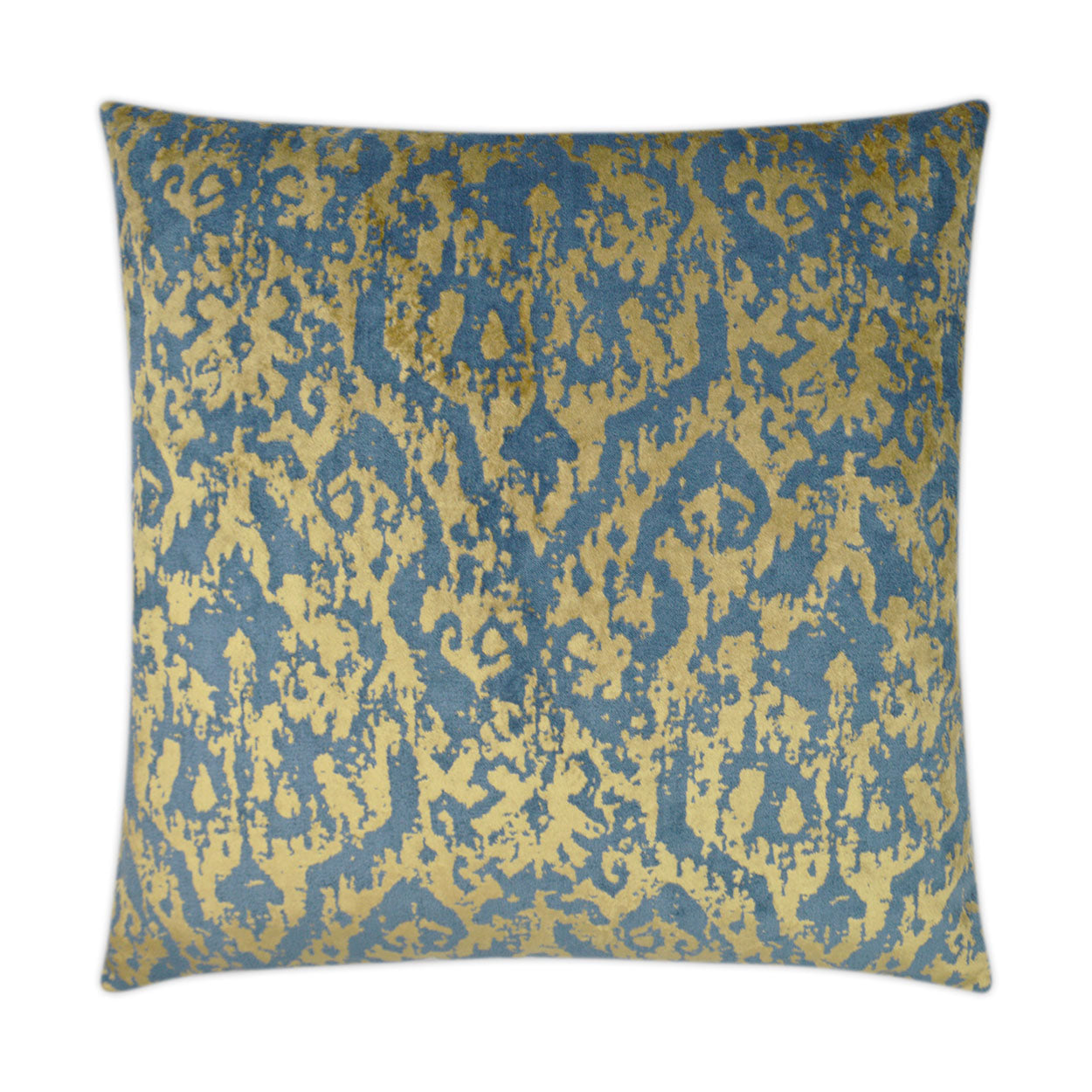 Blue square throw pillow with gold damask pattern; velvet texture, ornate decor cushion.