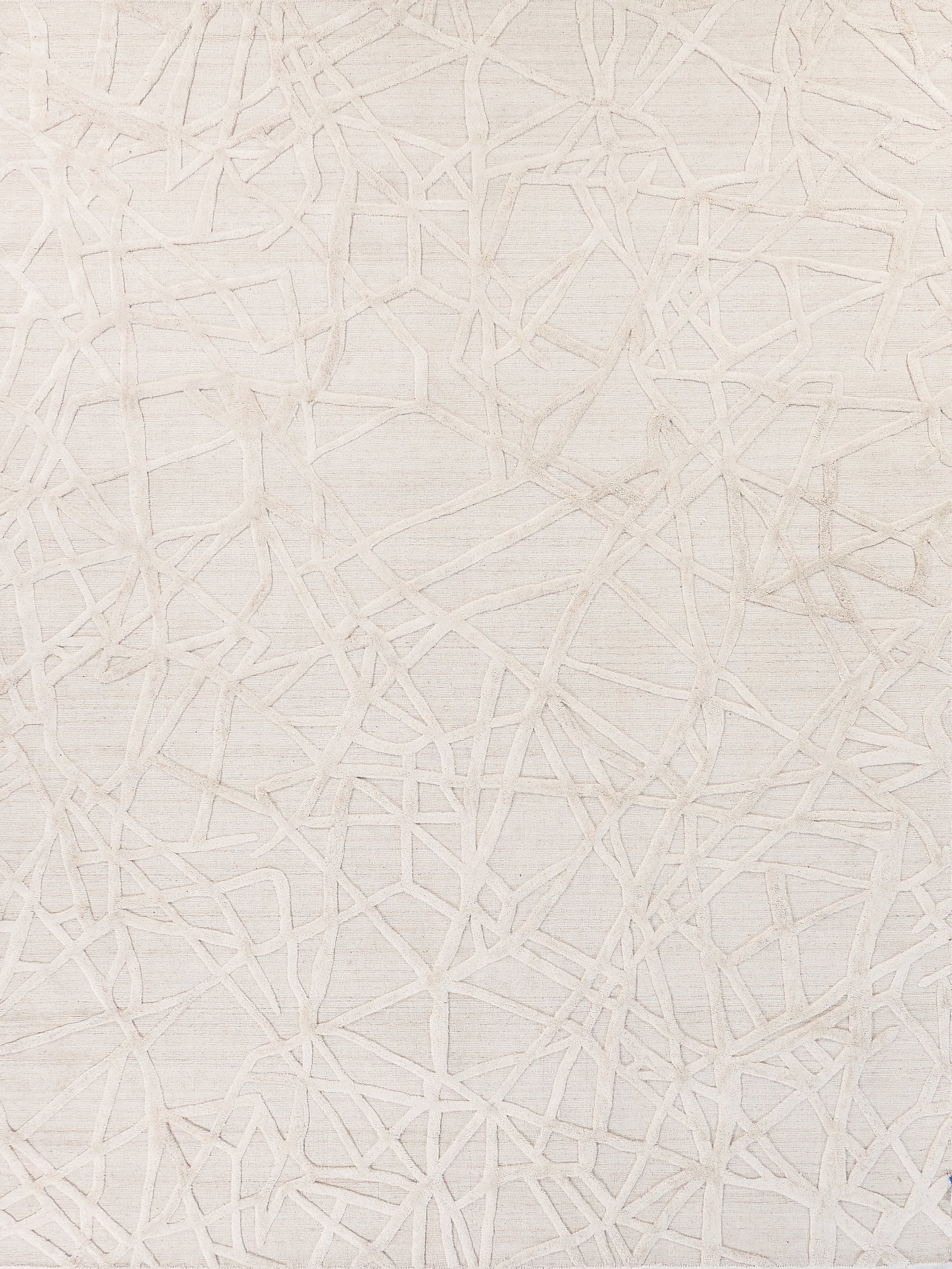 Beige textured rug with an embossed abstract network of irregular cream lines.