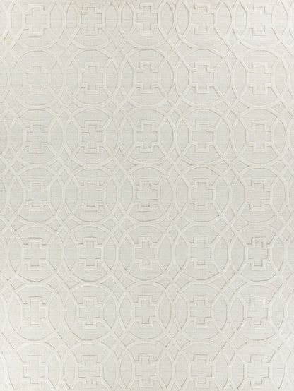 Cream textured rug with repeating interlocking circles and square motifs; subtle embossed geometric pattern; indoor hand loomed rug.