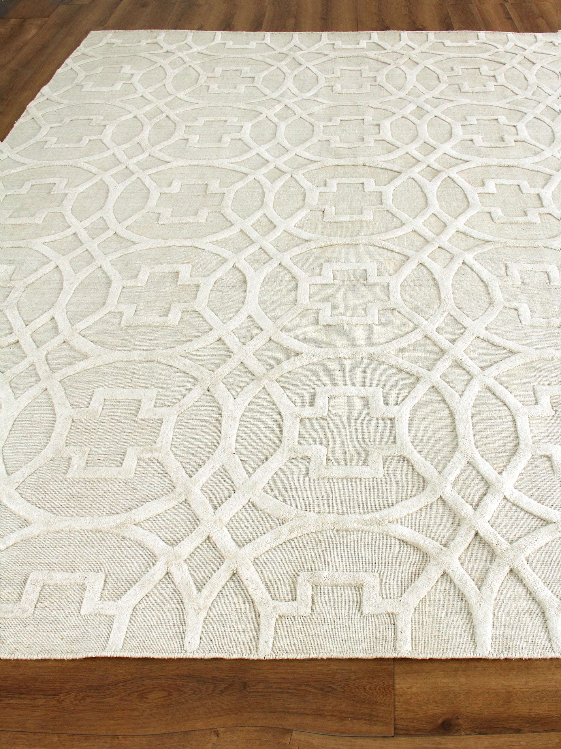Rectangular light gray rug with a raised ivory geometric lattice pattern; circles and square motifs; modern damask style; 6' x 9'.