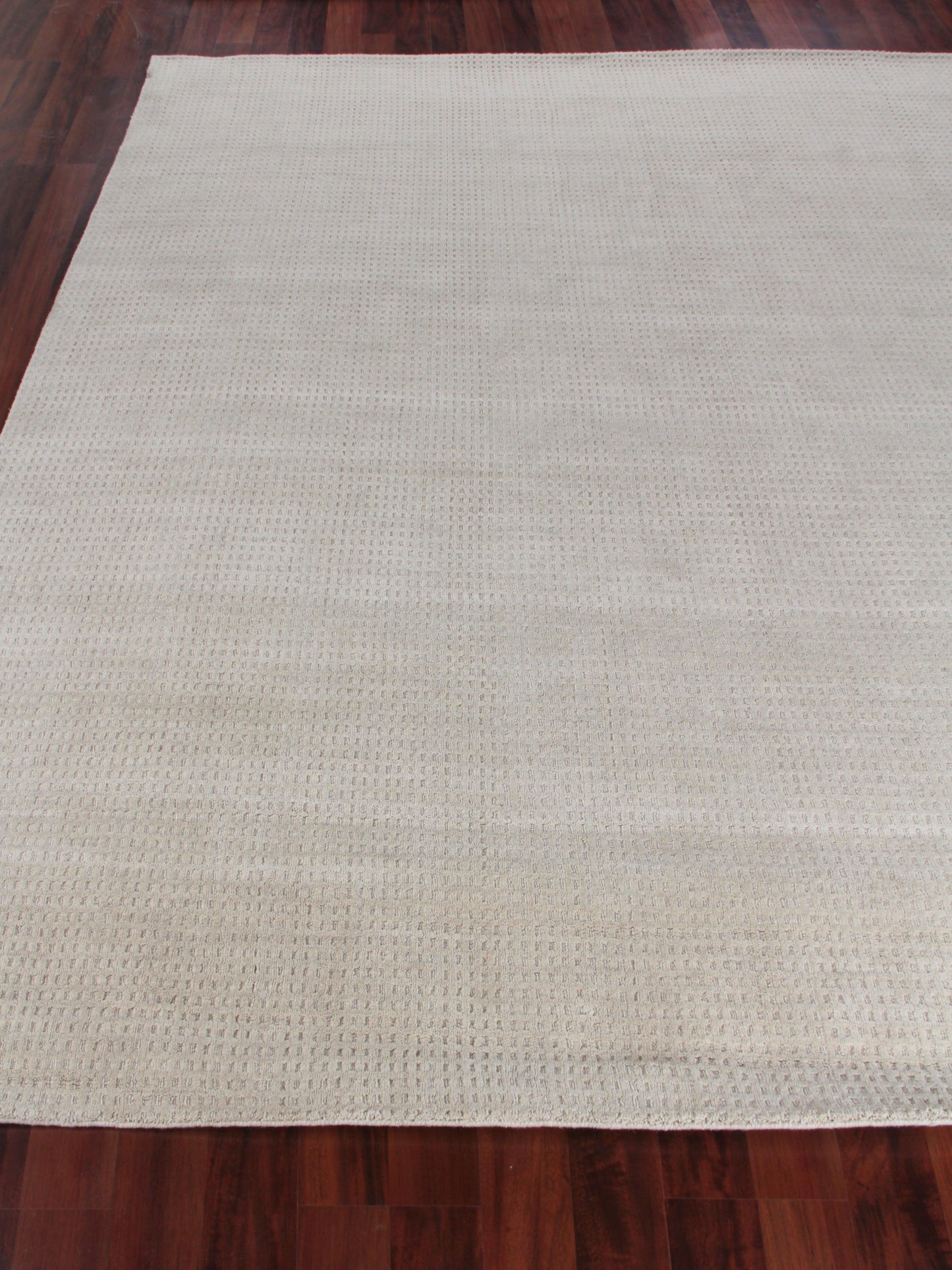 Beige rectangular woven rug with a subtle dotted texture on a dark wooden floor.