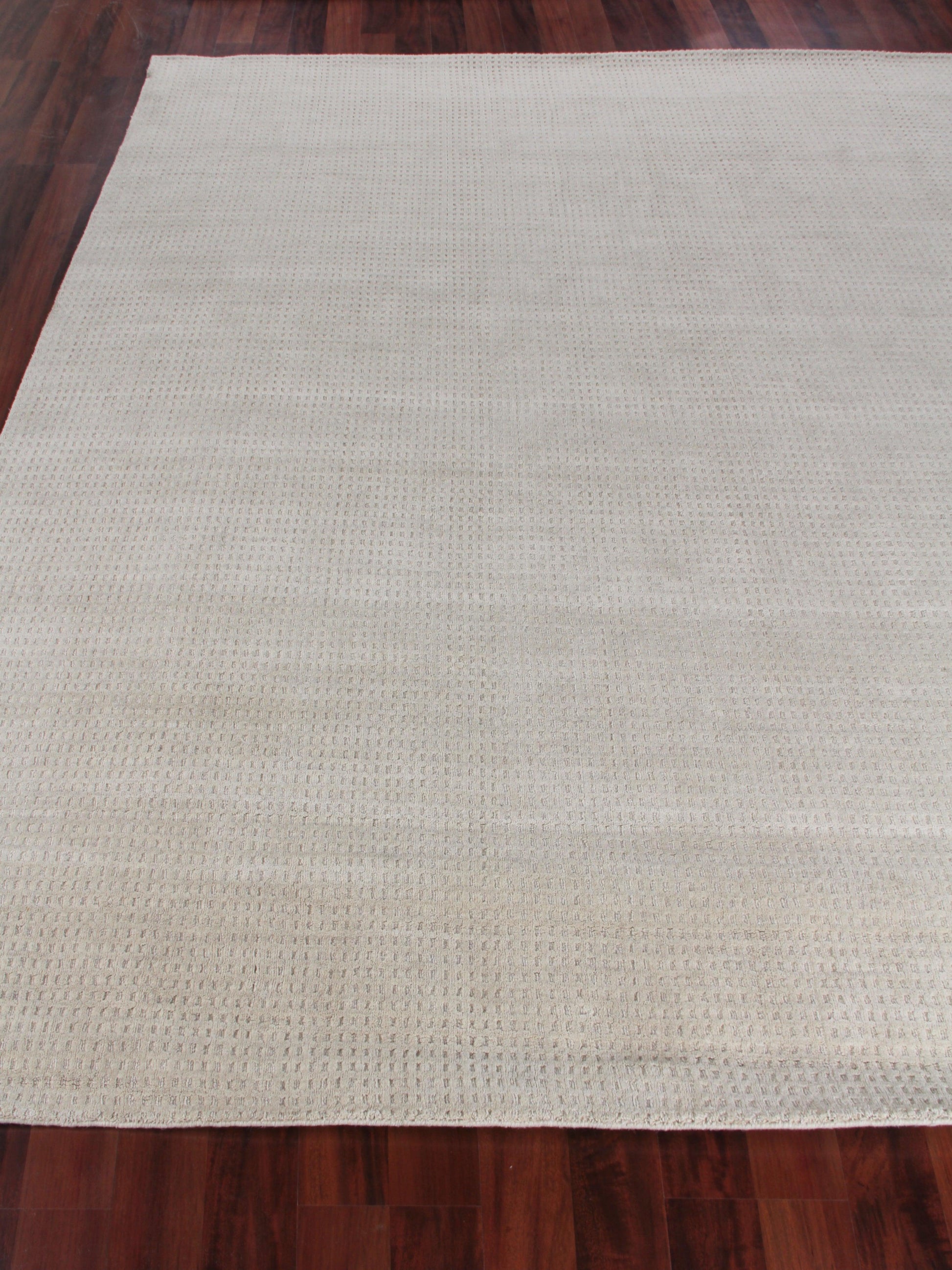 Beige rectangular woven rug with a subtle dotted texture on a dark wooden floor.