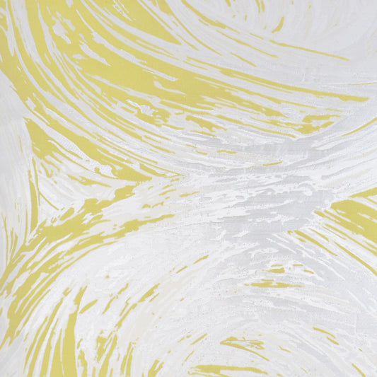 Abstract yellow & white swirl fabric pattern with soft gray accents, painterly textile design.
