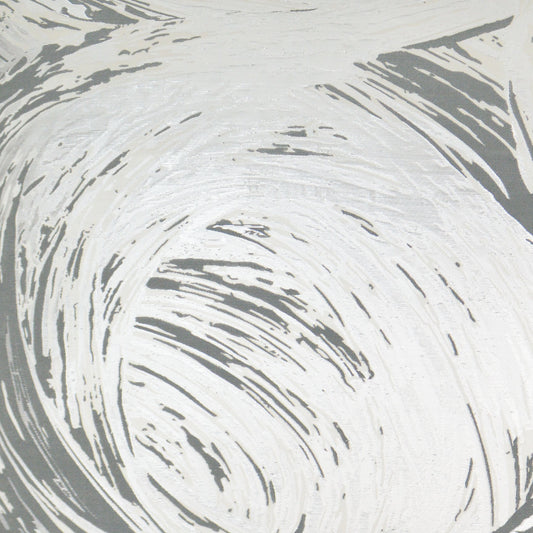 Abstract gray and white swirling fabric pattern with brush-stroke texture, ideal for upholstery or decor.