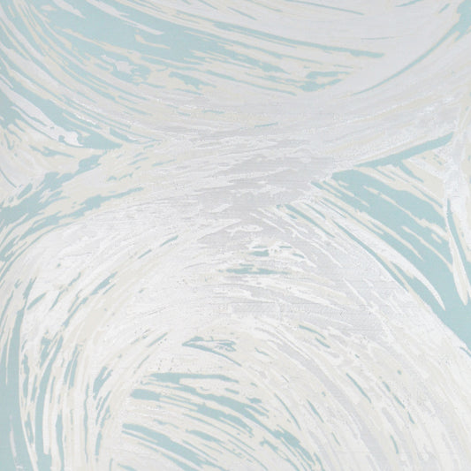 Light blue and white swirled fabric pattern with abstract, airy marbled design.