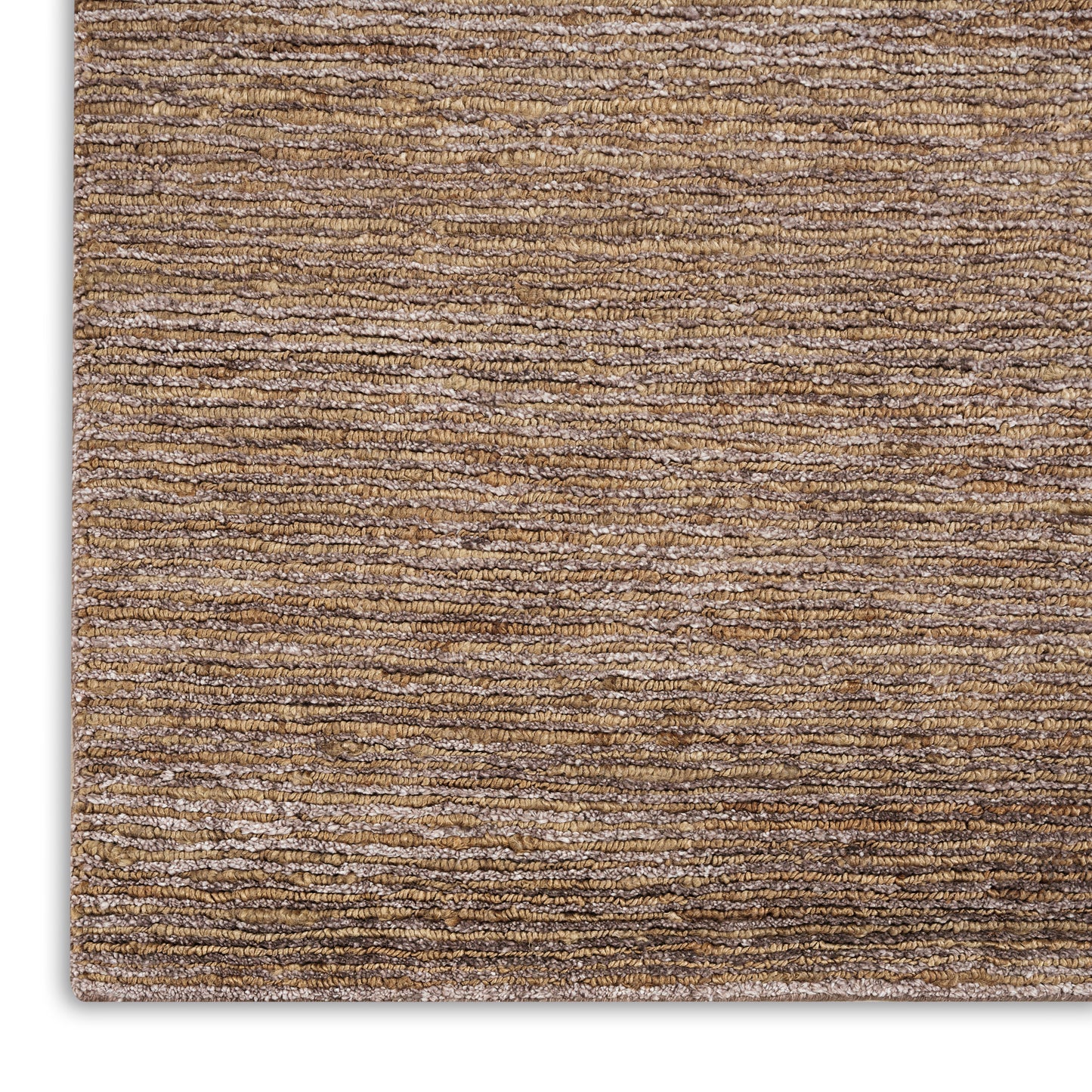 Brown striped textured rug with loop pile in tan & beige tones, close-up corner view.