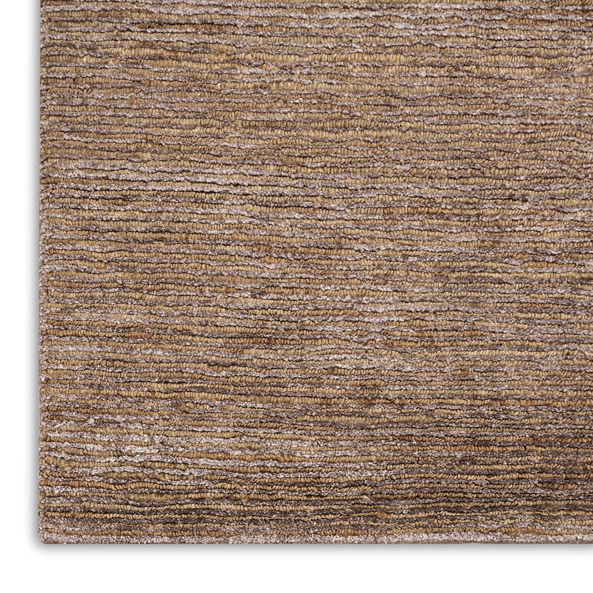 Brown striped textured rug with loop pile in tan & beige tones, close-up corner view.