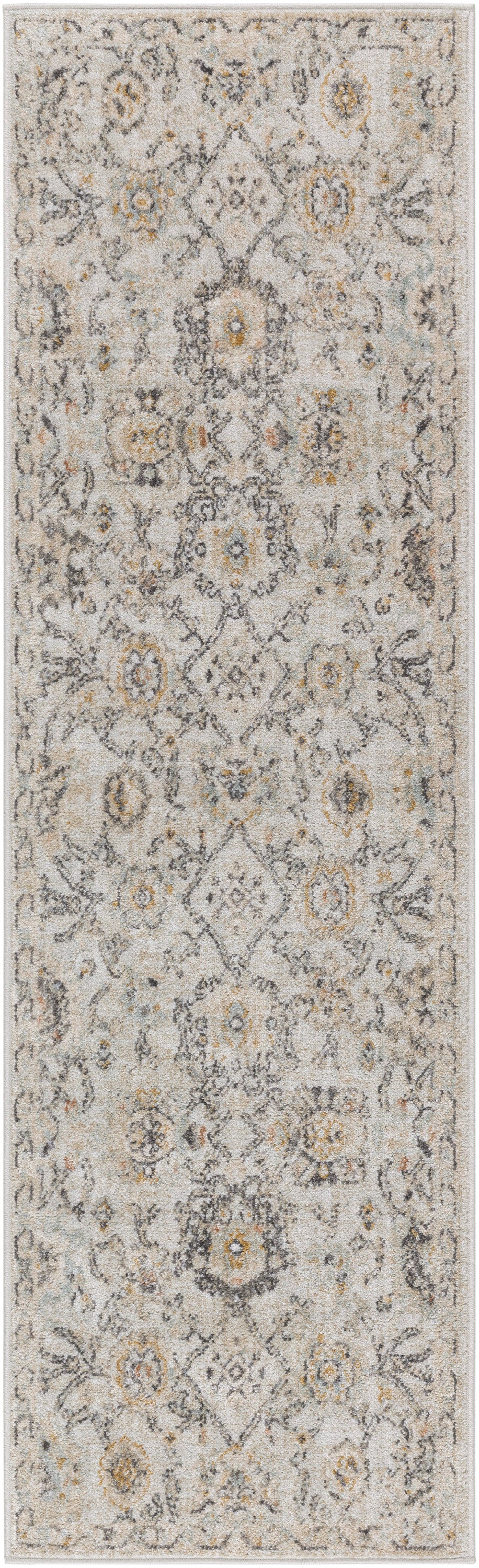 Long beige-gray distressed oriental rug with ivory field and subtle gold/blue accents for traditional living rooms
