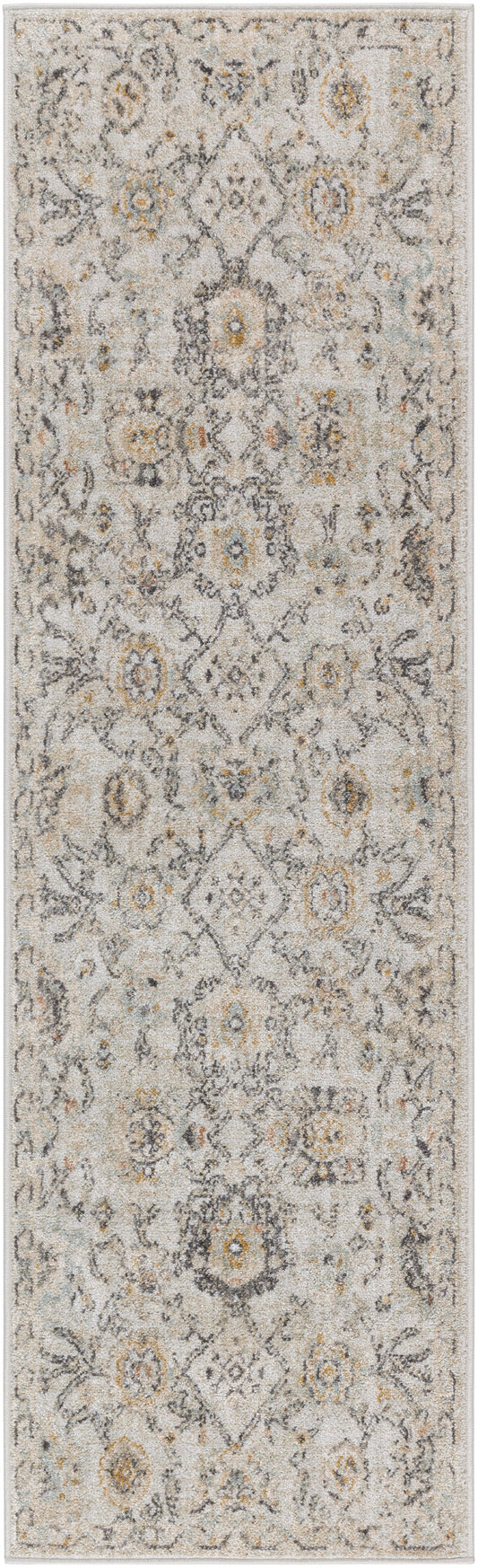 Long beige-gray distressed oriental rug with ivory field and subtle gold/blue accents for traditional living rooms